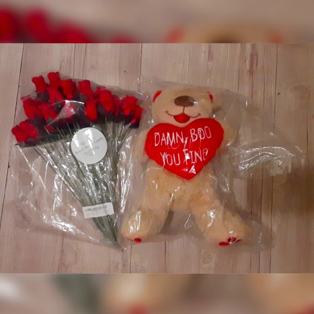 Teddy bear  and Artificial roses